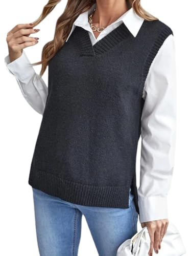 shownicer Damen V-Ausschnitt Stricken Weste Pullunder Ärmellos Strick Casual Strickweste Geometrie Einfarbig Casual Strick Tank Top Sweater L Schwarz XL von shownicer