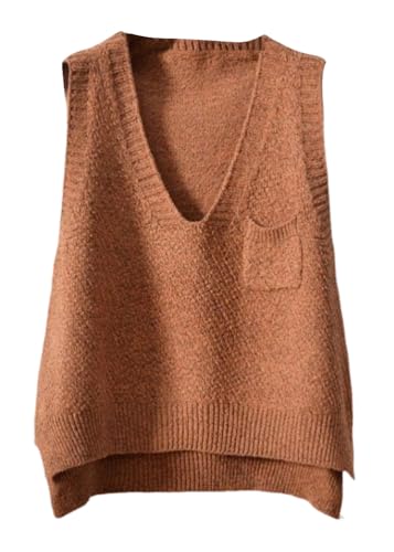 shownicer Damen V-Ausschnitt Stricken Weste Pullunder Casual Einfarbig Ärmellos Strick Casual Pullunder Strickweste Herbst Winter Strick Tank Top A Braun L von shownicer