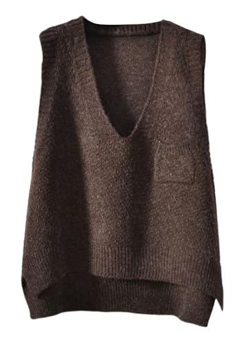shownicer Damen V-Ausschnitt Stricken Weste Pullunder Casual Einfarbig Ärmellos Strick Casual Pullunder Strickweste Herbst Winter Strick Tank Top A Kaffee L von shownicer