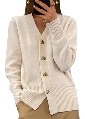 shownicer Damen V-Ausschnitt Strickjacke mit Knopf Langarm Cardigan Warm Gestrickte Pullover Strickmantel Casual Strickpullover Leichte Übergangs Strickjacken A Beige M von shownicer