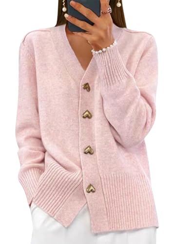 shownicer Damen V-Ausschnitt Strickjacke mit Knopf Langarm Cardigan Warm Gestrickte Pullover Strickmantel Casual Strickpullover Leichte Übergangs Strickjacken A Rosa L von shownicer