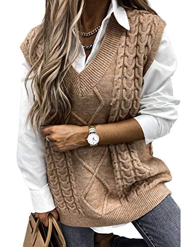 shownicer Damen V-Ausschnitt Strickweste Mode Pullunder Ärmelloser Pullover Weste Jacke Casual Strick Tank Top Sweater Streetwear A Khaki M von shownicer
