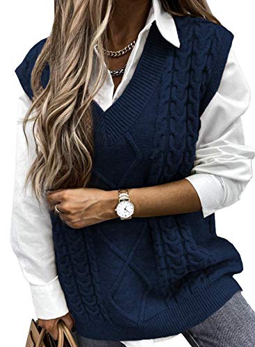 shownicer Damen V-Ausschnitt Strickweste Pullunder Ärmelloser Pullover Weste Jacke Casual Strick Tank Top Sweater Streetwear S-XXL A Blau XXL von shownicer