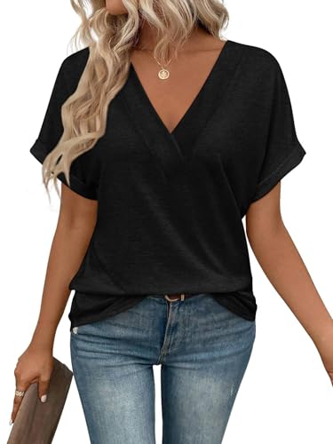 shownicer T-Shirt Damen V-Ausschnitt Tshirt Kurzarm Sommer Oberteile Casual Locker Basic Top A Schwarz L von shownicer