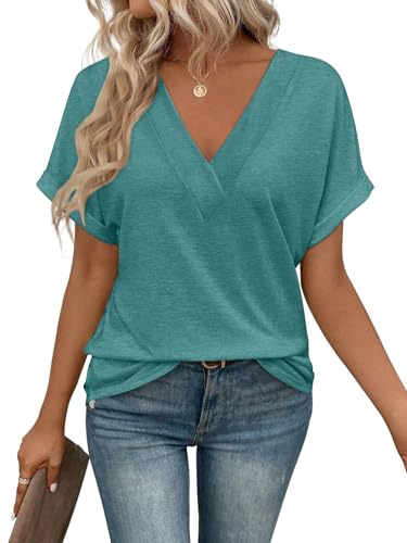 shownicer T-Shirt Damen V-Ausschnitt Tshirt Kurzarm Sommer Oberteile Casual Locker Basic Top A Türkis M von shownicer