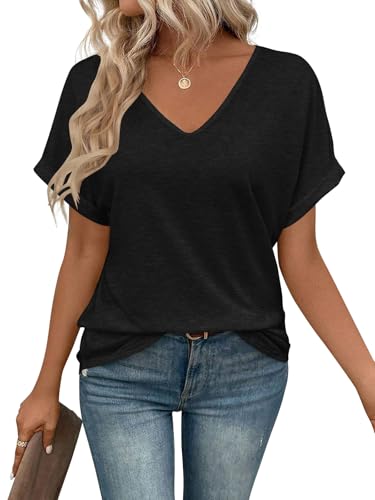 shownicer Damen V-Ausschnitt Tshirt Sommer Kurzarm Oberteile Elegant Locker Basic Top A Schwarz XXL von shownicer