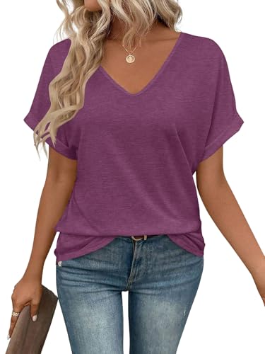 shownicer Damen V-Ausschnitt Tshirt Sommer Kurzarm Oberteile Elegant Locker Basic Top A Weinrot XXL von shownicer