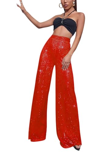 shownicer Damen Vintage Flare Hosen Clubwear Lange Hose Pailletten Glitzer Party Disco Mode Pants Hoher Bund Tanzhosen A Rot L von shownicer