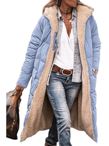 shownicer Damen Warm Wintermäntel Reversibel Fleece Lang Pufferjacken mit Kapuze Frauen Oberbekleidung Outdoorjacke Steppjacke Steppmantel A Hellblau XXL von shownicer