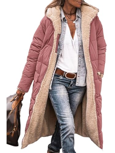 shownicer Damen Warm Wintermäntel Reversibel Fleece Lang Pufferjacken mit Kapuze Frauen Oberbekleidung Outdoorjacke Steppjacke Steppmantel A Rosa 3XL von shownicer