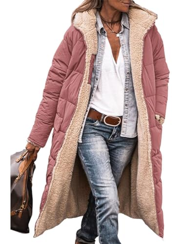 shownicer Damen Warm Wintermäntel Reversibel Fleece Lang Pufferjacken mit Kapuze Frauen Oberbekleidung Outdoorjacke Steppjacke Steppmantel A Rosa M von shownicer