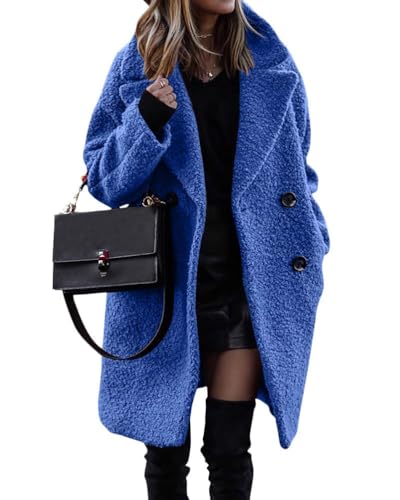 shownicer Damen Warm Wintermäntel Sherpa Fleece PlüSch Lang ÜBergangsjacke Frauen Oberbekleidung Outdoorjacke Steppjacke Fleecejacke Dicke Knöpfe Cardigan Parka mit Reverskragen A Blau L von shownicer