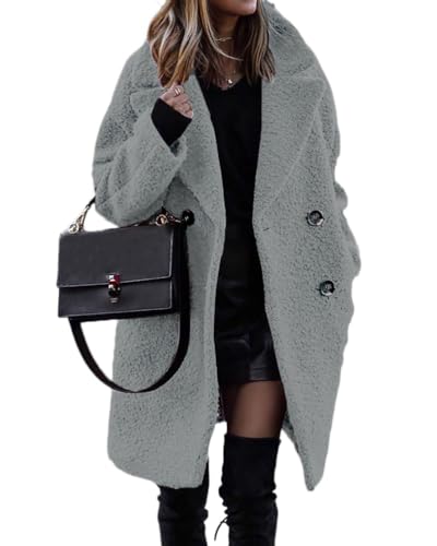 shownicer Damen Warm Wintermäntel Sherpa Fleece PlüSch Lang ÜBergangsjacke Frauen Oberbekleidung Outdoorjacke Steppjacke Fleecejacke Dicke Knöpfe Cardigan Parka mit Reverskragen A Dunkelgrau M von shownicer