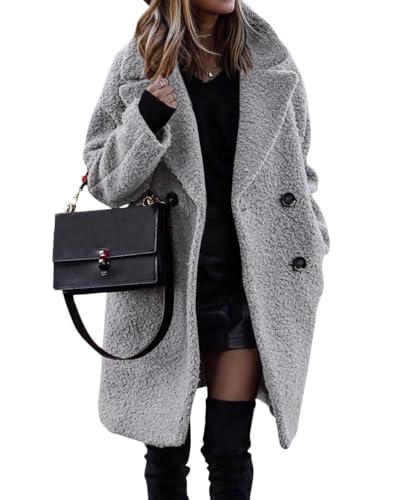 shownicer Damen Warm Wintermäntel Sherpa Fleece PlüSch Lang ÜBergangsjacke Frauen Oberbekleidung Outdoorjacke Steppjacke Fleecejacke Dicke Knöpfe Cardigan Parka mit Reverskragen A Hellgrau L von shownicer