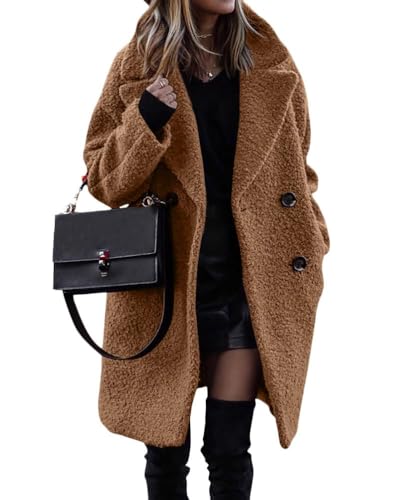 shownicer Damen Warm Wintermäntel Sherpa Fleece PlüSch Lang ÜBergangsjacke Frauen Oberbekleidung Outdoorjacke Steppjacke Fleecejacke Dicke Knöpfe Cardigan Parka mit Reverskragen A Kamel M von shownicer