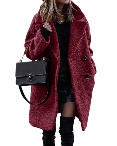 shownicer Damen Warm Wintermäntel Sherpa Fleece PlüSch Lang ÜBergangsjacke Frauen Oberbekleidung Outdoorjacke Steppjacke Fleecejacke Dicke Knöpfe Cardigan Parka mit Reverskragen A Rot L von shownicer