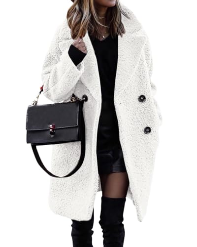 shownicer Damen Warm Wintermäntel Sherpa Fleece PlüSch Lang ÜBergangsjacke Frauen Oberbekleidung Outdoorjacke Steppjacke Fleecejacke Dicke Knöpfe Cardigan Parka mit Reverskragen A Weiß XS von shownicer