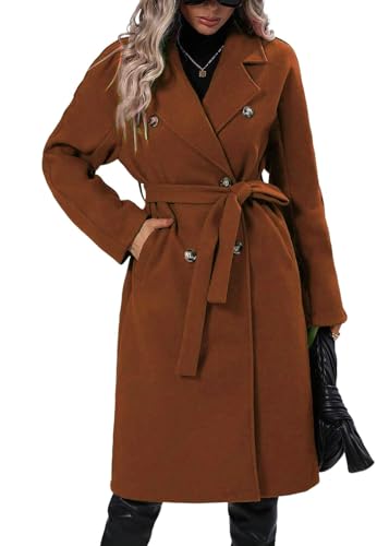 shownicer Damen Warme Lang Mantel Trenchcoat Locker Winterjacke mit Taschen Wollmantel Hemdjacke Wool Coat Freizeit Damenjacke A Dunkelbraun XL von shownicer