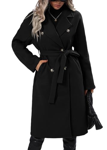 shownicer Damen Warme Lang Mantel Trenchcoat Locker Winterjacke mit Taschen Wollmantel Hemdjacke Wool Coat Freizeit Damenjacke A Schwarz XS von shownicer