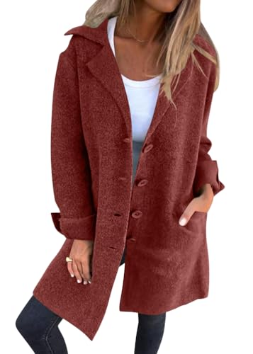 shownicer Damen Warme Mantel Trenchcoat Winterjacke mit Taschen Wollmantel Hemdjacke Coat Freizeit Damenjacke B Weinrot S von shownicer