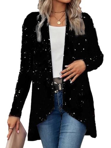 shownicer Damen Weihnachten Pailletten Jacke Langarm Offen Glänzende Pailletten Jacke Elegant Glitzer Cardigan Festliche Party A Schwarz L von shownicer
