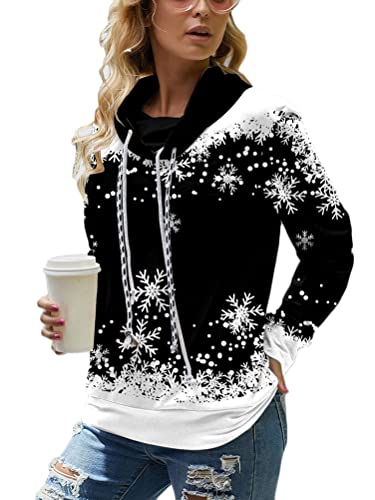 shownicer Damen Weihnachtspullover Winter Warm Sweatshirt mit Hohem Halsausschnitt und Doppeltem Kordelzug Weihnachten Schneemann Druck Langarmshirt Teenager Mädchen A Schwarz XXL von shownicer