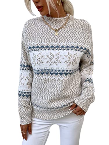 shownicer Damen Weihnachtspullover mit kleinem Stehkragen Christmas Pullover Warm Strickpullover mit Streifen Schneeflocken Winter Pullis für Frauen Langarm Mädchen Weihnachtspulli A Aprikose XL von shownicer