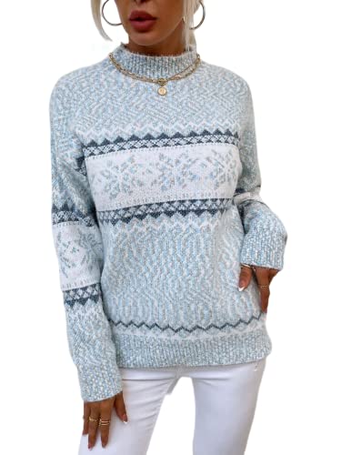 shownicer Damen Weihnachtspullover mit kleinem Stehkragen Christmas Pullover Warm Strickpullover mit Streifen Schneeflocken Winter Pullis für Frauen Langarm Mädchen Weihnachtspulli A Blau M von shownicer