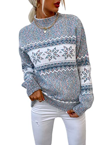 shownicer Damen Weihnachtspullover mit kleinem Stehkragen Christmas Pullover Warm Strickpullover mit Streifen Schneeflocken Winter Pullis für Frauen Langarm Mädchen Weihnachtspulli A Grau L von shownicer