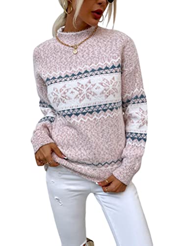 shownicer Damen Weihnachtspullover mit kleinem Stehkragen Christmas Pullover Warm Strickpullover mit Streifen Schneeflocken Winter Pullis für Frauen Langarm Mädchen Weihnachtspulli A Rosa XL von shownicer
