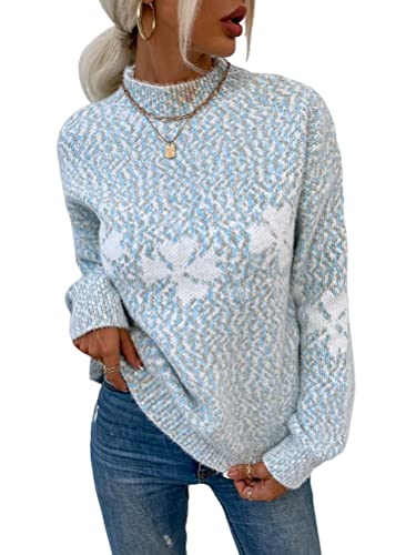 shownicer Damen Weihnachtspullover mit kleinem Stehkragen Christmas Pullover Warm Strickpullover mit Streifen Schneeflocken Winter Pullis für Frauen Langarm Mädchen Weihnachtspulli B Blau XL von shownicer