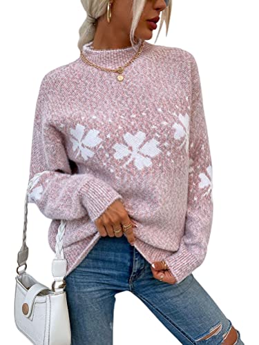 shownicer Damen Weihnachtspullover mit kleinem Stehkragen Christmas Pullover Warm Strickpullover mit Streifen Schneeflocken Winter Pullis für Frauen Langarm Mädchen Weihnachtspulli B Rosa XS von shownicer