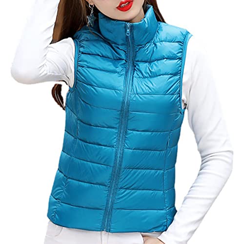 shownicer Damen Weste Kurze Ärmellose Jacke Warme Steppweste mit Kapuze Daunenweste Winter Frühling Stehkragen Gesteppt Leicht Daunenjacke Steppjacke Wintermantel A Blau M von shownicer