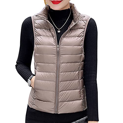 shownicer Damen Weste Kurze Ärmellose Jacke Warme Steppweste mit Kapuze Daunenweste Winter Frühling Stehkragen Gesteppt Leicht Daunenjacke Steppjacke Wintermantel A Khaki XL von shownicer