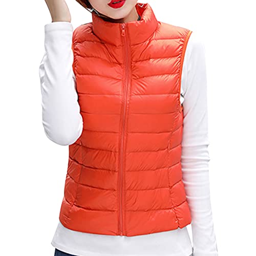 shownicer Damen Weste Kurze Ärmellose Jacke Warme Steppweste mit Kapuze Daunenweste Winter Frühling Stehkragen Gesteppt Leicht Daunenjacke Steppjacke Wintermantel A Orange L von shownicer