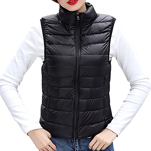 shownicer Damen Weste Kurze Ärmellose Jacke Warme Steppweste mit Kapuze Daunenweste Winter Frühling Stehkragen Gesteppt Leicht Daunenjacke Steppjacke Wintermantel A Schwarz 3XL von shownicer