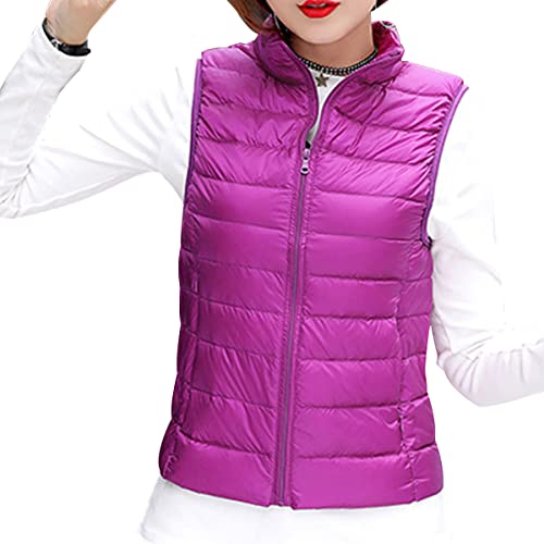 shownicer Damen Weste Kurze Ärmellose Jacke Warme Steppweste mit Kapuze Daunenweste Winter Frühling Stehkragen Gesteppt Leicht Daunenjacke Steppjacke Wintermantel A Violett L von shownicer