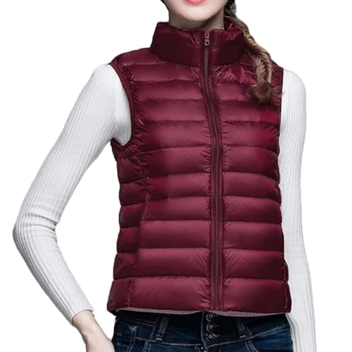 shownicer Damen Weste Kurze Ärmellose Jacke Warme Steppweste mit Kapuze Daunenweste Winter Frühling Stehkragen Gesteppt Leicht Daunenjacke Steppjacke Wintermantel A Weinrot 3XL von shownicer