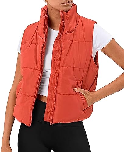 shownicer Damen Weste Kurze Ärmellose Jacke Warme Steppweste ohne Kapuze Daunenweste Winter Frühling Stehkragen Gesteppt Leicht A Orange M von shownicer