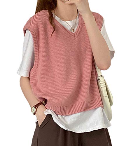 shownicer Damen Weste Strick Pullunder V-Ausschnitt Strickweste Vest mit Strick Feinstrick für Business und Freizeit Rosa Einheitsgröße von shownicer