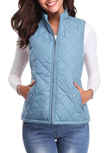 shownicer Damen Weste mit Stehkragen Weste Jacke Steppweste Leicht Ärmellos Jacke mit Reissverschluss und Taschen Winter Warm Ultraleicht Outdoor Westegefüttert A Hellblau XL von shownicer