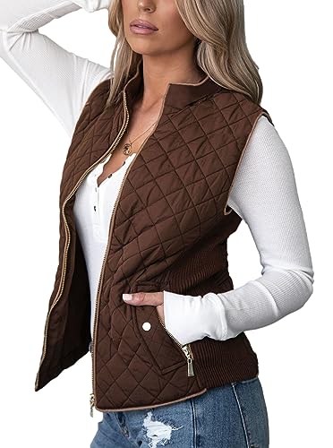 shownicer Damen Weste mit Stehkragen Westen Steppweste Leicht Ärmellos Jacke mit Reissverschluss Taschen Winter Warm Ultraleicht A Braun XXL von shownicer