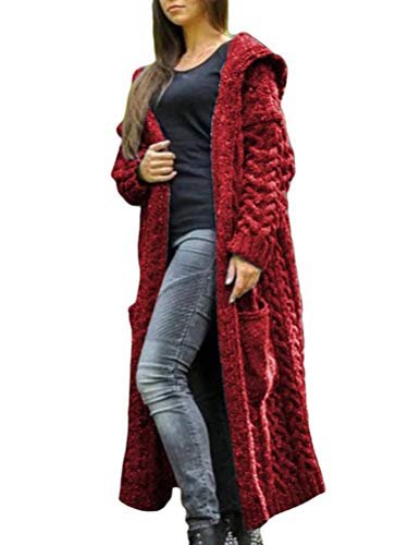 shownicer Damen Winter Gestrickte Strickjacke Outwear Lange Verdicken Cardigan Strickmantel mit Kapuzen Winterjacke Übergroß Loose Pullover Offener Ausschnitt Weinrot L von shownicer