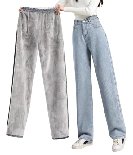 shownicer Damen Winter Jeans Fleece Gefüttert Thermohose Warm High Waist Thermojeans Dicke Jeans Baggy Jeanshosen Denim Pants Outdoor für Frauen A Hellblau L von shownicer