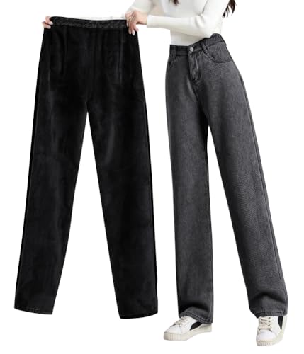 shownicer Damen Winter Jeans Fleece Gefüttert Thermohose Warm High Waist Thermojeans Dicke Jeans Baggy Jeanshosen Denim Pants Outdoor für Frauen A Schwarz L von shownicer