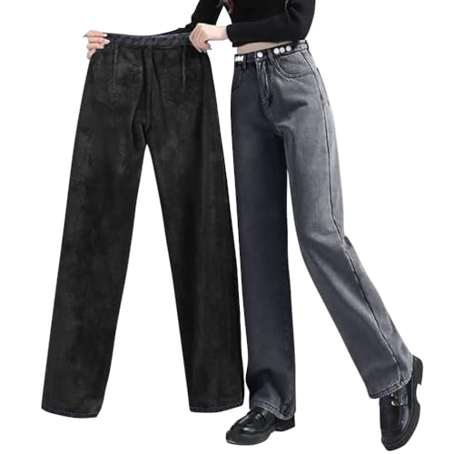 shownicer Damen Winter Jeans Fleece Gefüttert Thermohose Warm High Waist Thermojeans Dicke Jeans Baggy Jeanshosen Denim Pants Outdoor für Frauen B Grau S von shownicer