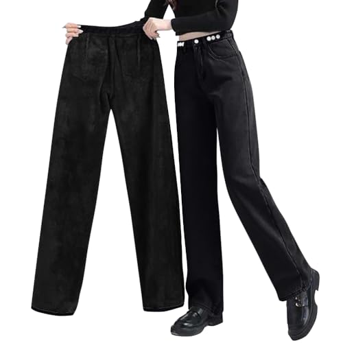 shownicer Damen Winter Jeans Fleece Gefüttert Thermohose Warm High Waist Thermojeans Dicke Jeans Baggy Jeanshosen Denim Pants Outdoor für Frauen B Schwarz L von shownicer