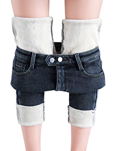 shownicer Damen Winter Jeans Fleece Gefüttert Thermohose Warm High Waist Thermojeans Dicke Skinny Jeans Slim Fit Denim Leggings Outdoor für Frauen A Dunkelblau M von shownicer
