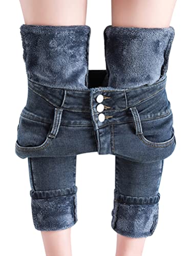 shownicer Damen Winter Jeans Fleece Gefüttert Thermohose Warm High Waist Thermojeans Dicke Skinny Jeans Slim Fit Denim Leggings Outdoor für Frauen B Dunkelblau L von shownicer