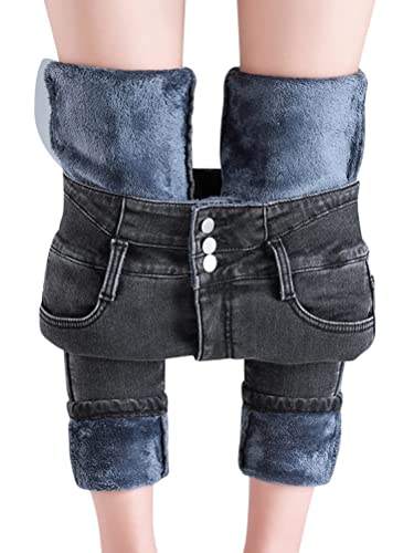 shownicer Damen Winter Jeans Fleece Gefüttert Thermohose Warm High Waist Thermojeans Dicke Skinny Jeans Slim Fit Denim Leggings Outdoor für Frauen B Grau M von shownicer